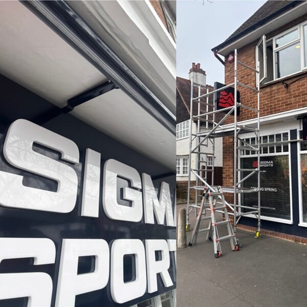 An collage of the Sigma Sports channel letters close up and the process of installing them.